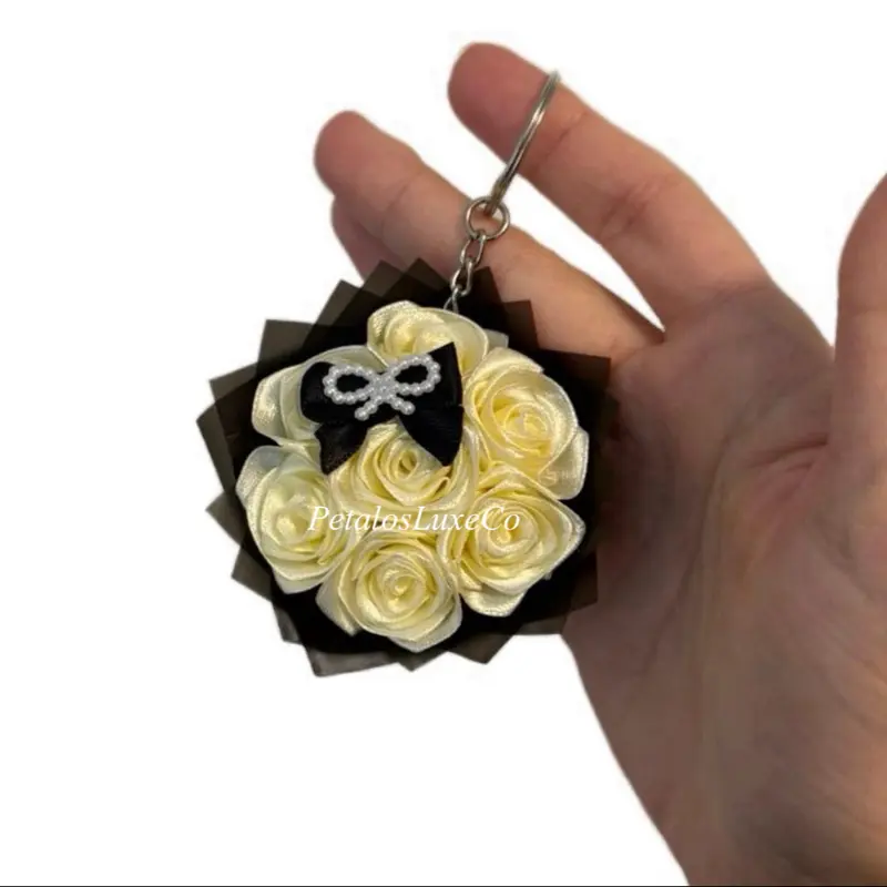 Elegant Satin Rose Bouquet Keychain - Ivory & Black Mini Floral Bouquet with Bow Accent Decorative Handmade Accessory