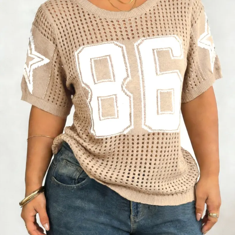 Plus Size Women's Letter Print Hollow-Out Sweater, Casual Sporty Round-Neck Loose-Fit Oversized Knit Top for Summer Daily Wear, Casual Lightweight Pullover