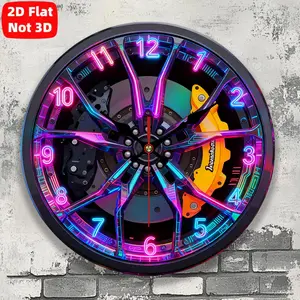 2D flat design. 1 piece set. Neon style car wheel hub wall clock, silent decorative wall clock, creative wall clock, suitable for bedroom, living room, and office decoration, 25/30cm (excluding AA batteries), 2D flat version