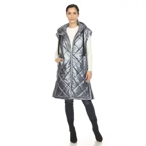 Women's Metallic Long Puffer Vest Metallic Denim Slate Xlarge -White Mark