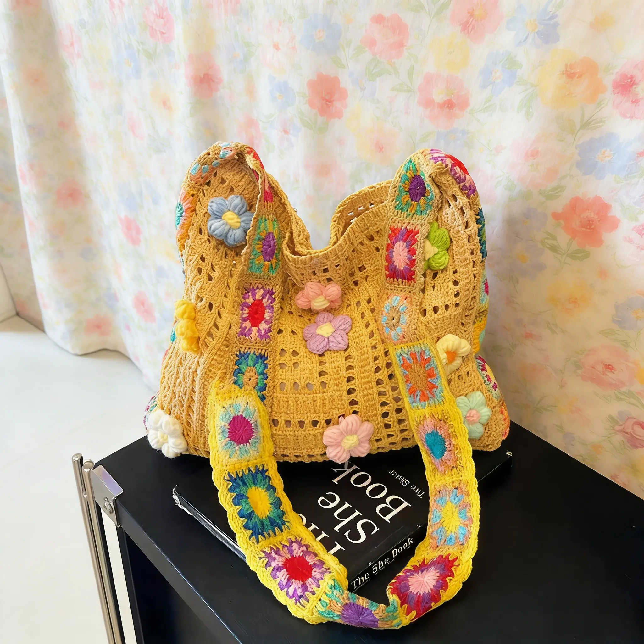 Hollow Out Woven Boho Beach Bag, Large Capacity Knitted Colorful Tote Shoulder Bag, Cute 3D Flower Knit Versatile Casual Spring Summer Daily Bag for Women