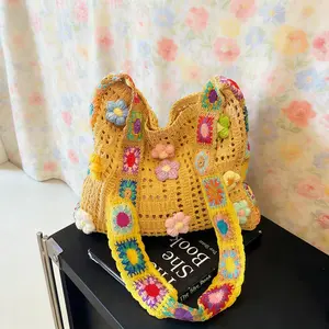 Hollow Out Woven Boho Beach Bag, Large Capacity Knitted Colorful Tote Shoulder Bag, Cute 3D Flower Knit Versatile Casual Spring Summer Daily Bag for Women