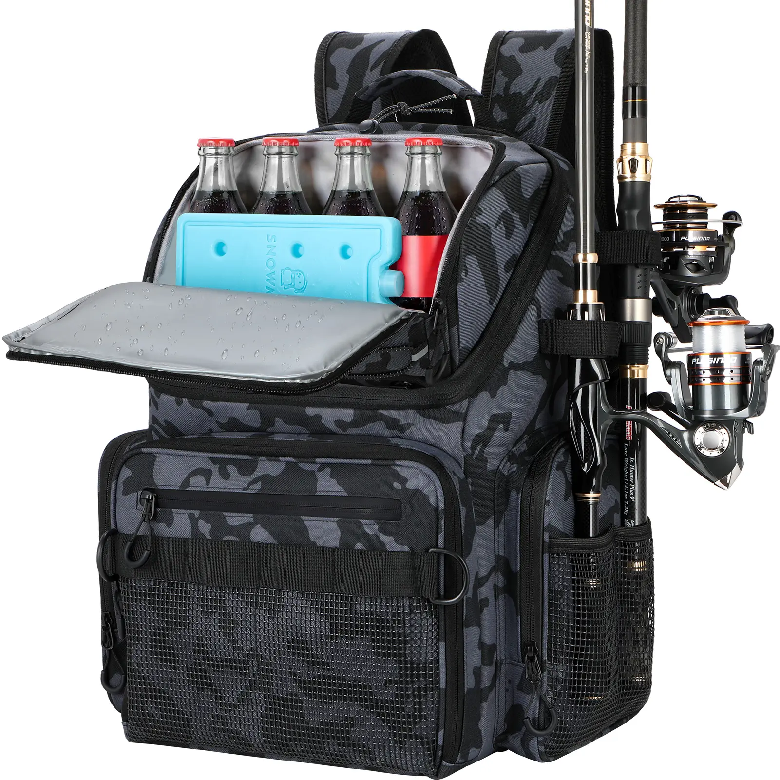 PLUSINNO Cooler Fishing Backpack with Rod Holders 45L Large Water-resistant Fishing Tackle bag Store Fishing Gear Fishing Gifts for Men Father outdoor fishing bag