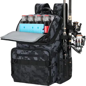 PLUSINNO Cooler Fishing Backpack with Rod Holders 45L Large Water-resistant Fishing Tackle bag Store Fishing Gear Fishing Gifts for Men Father outdoor fishing bag