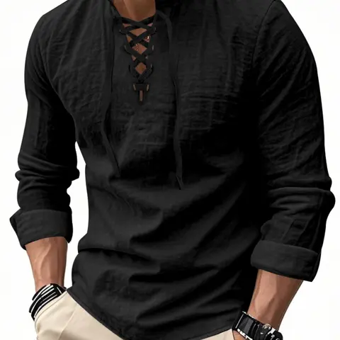 【Black Friday】Men's Lightweight Breathable Linen Shirt, Drawstring Collar, Unique Design, Casual Plain Long Sleeve Top, Perfect for Daily Commute, Spring & Fall Men's Clothing #GLOBAL PICKS