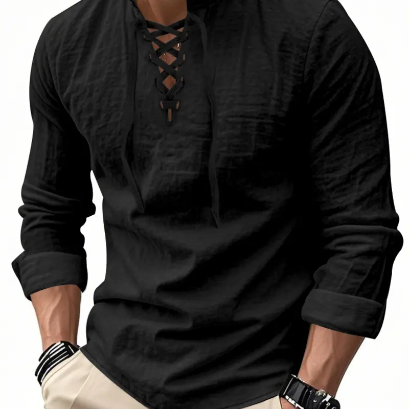 【Black Friday】Men's Lightweight Breathable Linen Shirt, Drawstring Collar, Unique Design, Casual Plain Long Sleeve Top, Perfect for Daily Commute, Spring & Fall Men's Clothing #GLOBAL PICKS