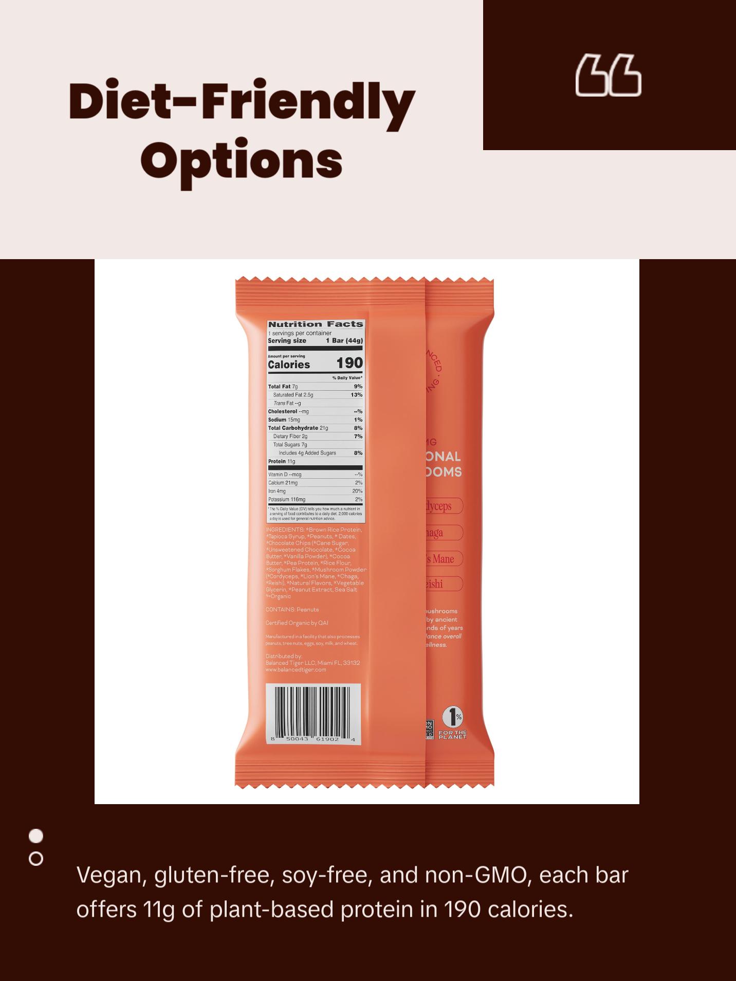 Organic Functional Mushroom Protein Bars | Full Dose (1500mg) Lions Mane, Chaga, Reishi & Cordyceps Bars | Vegan | Peanut Butter Chocolate Flavor