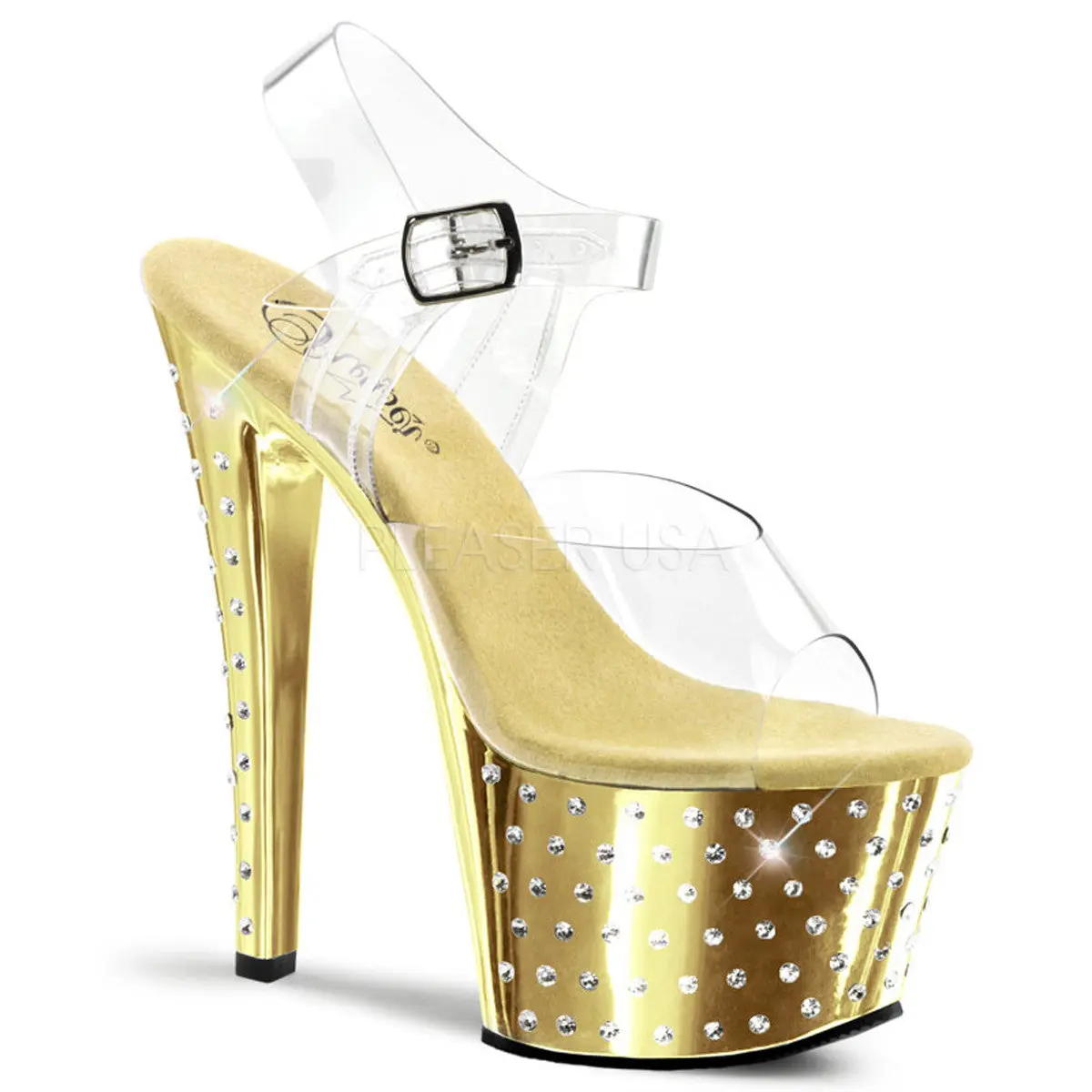 Women's Stardust-708 Classy Elegant Stiletto Platform High Heels Sandals - 7-in Clear-Gold Chrome Footwear Shoe