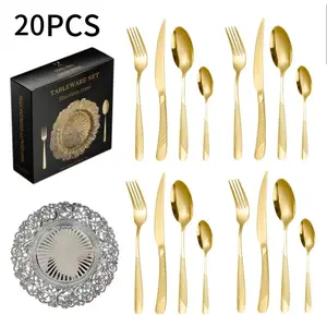 20-Piece Western Dinnerware Set, Wedding Party Hotel Decoration Plastic Plates with Beaded Cutlery, Metal Spray Painted Decorative Dishes