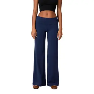 Women Blue Elastic Wide Leg Pants Ladies Female Casual Cute Striped Print Folded Waist Trousers Leggings for Work Office Streetwear