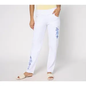 Quacker Factory DreamJeannes Regular Flat Waist Indigo Floral Jean