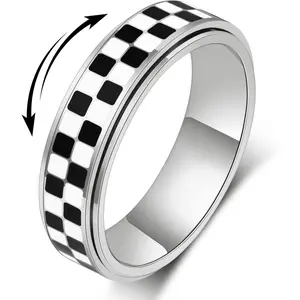 Checkered Fidget Ring for  , Discreet Silent Spinning , Black+White  Durable Stainless Steel Thumb Spinner  for Work Office Adults Women Men /Sliver Size 5-11