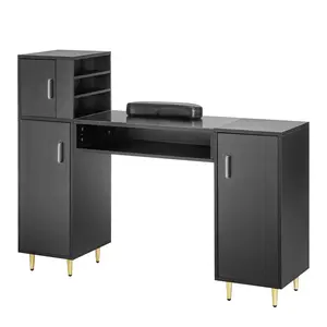 VEVOR Manicure Table, Glass Top Nail Desk, Makeup Dressing Nail Station with Storage Cabinets, Acetone-Resistant Nail Tech Table for Spa Beauty Salon Workstation with Wrist Rest, 8 Metal Legs, Black