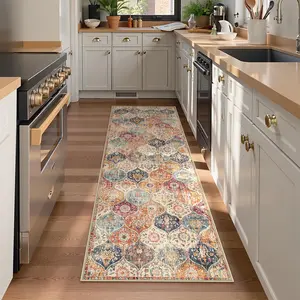 Washable Moroccan trellis rug, kitchen rugs for entryway and bathroom, non-slip ultra-thin indoor door mat, small oriental throw carpet for bedroom entry, cream/multi