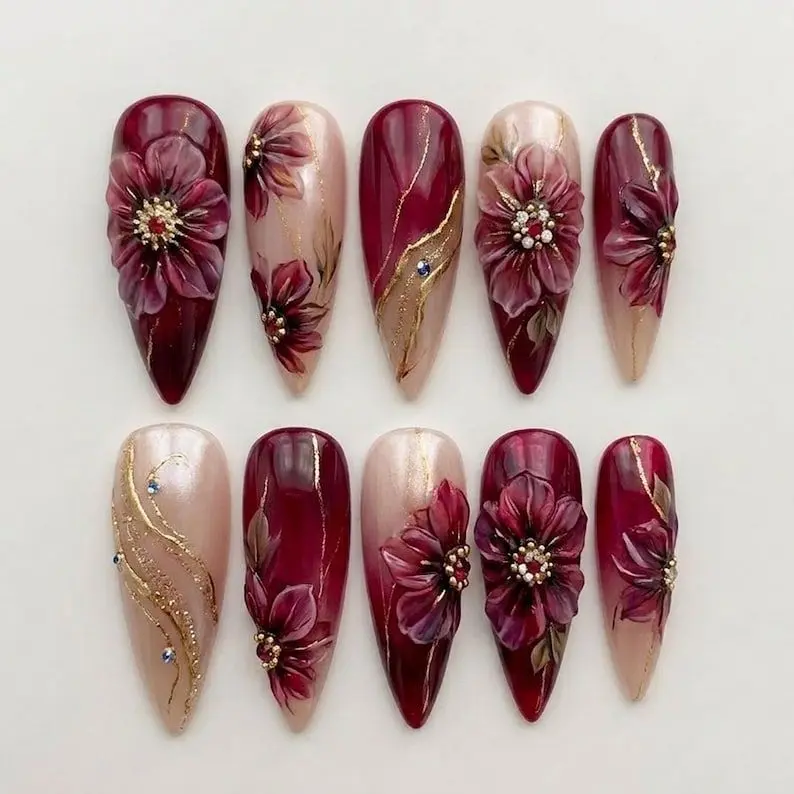 Handmade Luxury Burgundy Press On Nails | 3D Floral Wine Red Nail Art | Romantic Elegant Custom Nails Set Nail Art Kit Nail Box sohochic