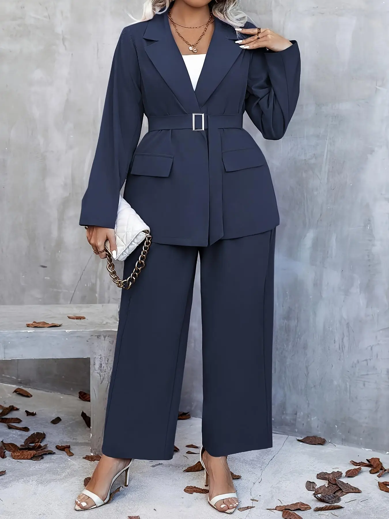 【Plus Size】 Two-Piece Set Solid Lapel Neck Belted Blazer & Wide Leg Pants Set, Elegant Fashion Casual Button Outerwear & Trousers for Daily Outdoor We