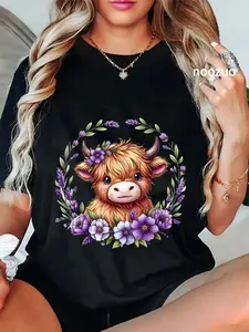 100% Cotton Unisex Baby Highland Cow With Purple Flowers Scottish Farm T-Shirt Casual Top