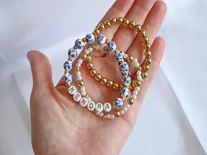 Personalized Name Ceramic Flower Bracelet Stack Blue & White China Beads Gold Pearl Toile Bracelets Custom Beaded Set Chinoiserie Handmade Jewelry