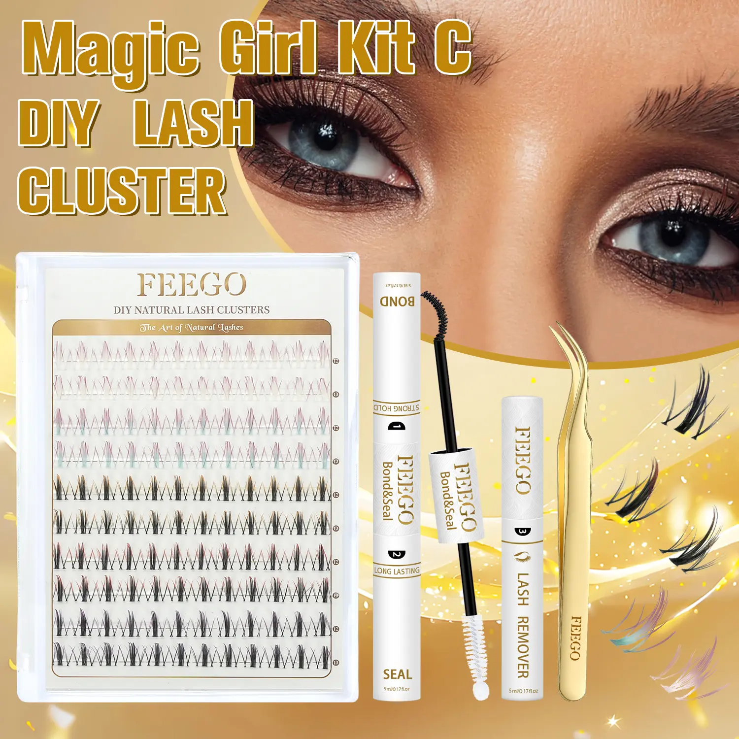 FEEGO Magic Girl Kit C 12-13mm Gradient Color Eyelash Styling 5 Different Gradient Color Eyelashes 100pcs (Double Tip Adhesive + Tweezers + Remover) Can Be Styled For Any Event Extremely Beautiful and Versatile Natural Lash Extension C-Curl Cluster Mixed