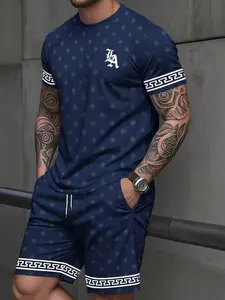 Men's Subtle Compass Print 2 Piece Set, Micro-Elastic Breathable Fabric, Greek Key Trim Tee & Shorts, Minimalist Streetwear For Men 20-50, Summer Daily/Street Style, Lightweight Versatile, 2026 Viral Understated Luxury Menswear