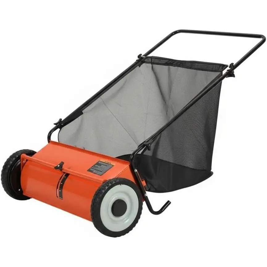 Orange 21-Inch Push Lawn Sweeper, 3.5 Cu. Ft. Hopper Capacity Leaf & Grass Collector with 4 Spinning Brushes, Adjustable Height, for Grass Clippings, Leaves & Debris