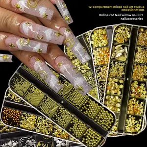 12 Grids Nail Charms Big Box, DIY Handmade Metal Studs Sequins Mix, Irregular Nail Art Decoration Accessories