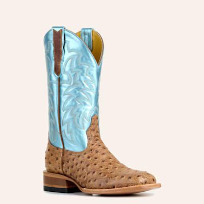 Cavender’s Women’s Endurance  Tan Print and Metallic Blue Wide Square Toe Cowboy Boots