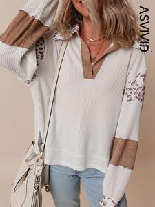 women's leopard patchwork print drop shoulder sweatshirt, casual long sleeve   sweatshirt for spring & fall, fashion women's top for daily wear