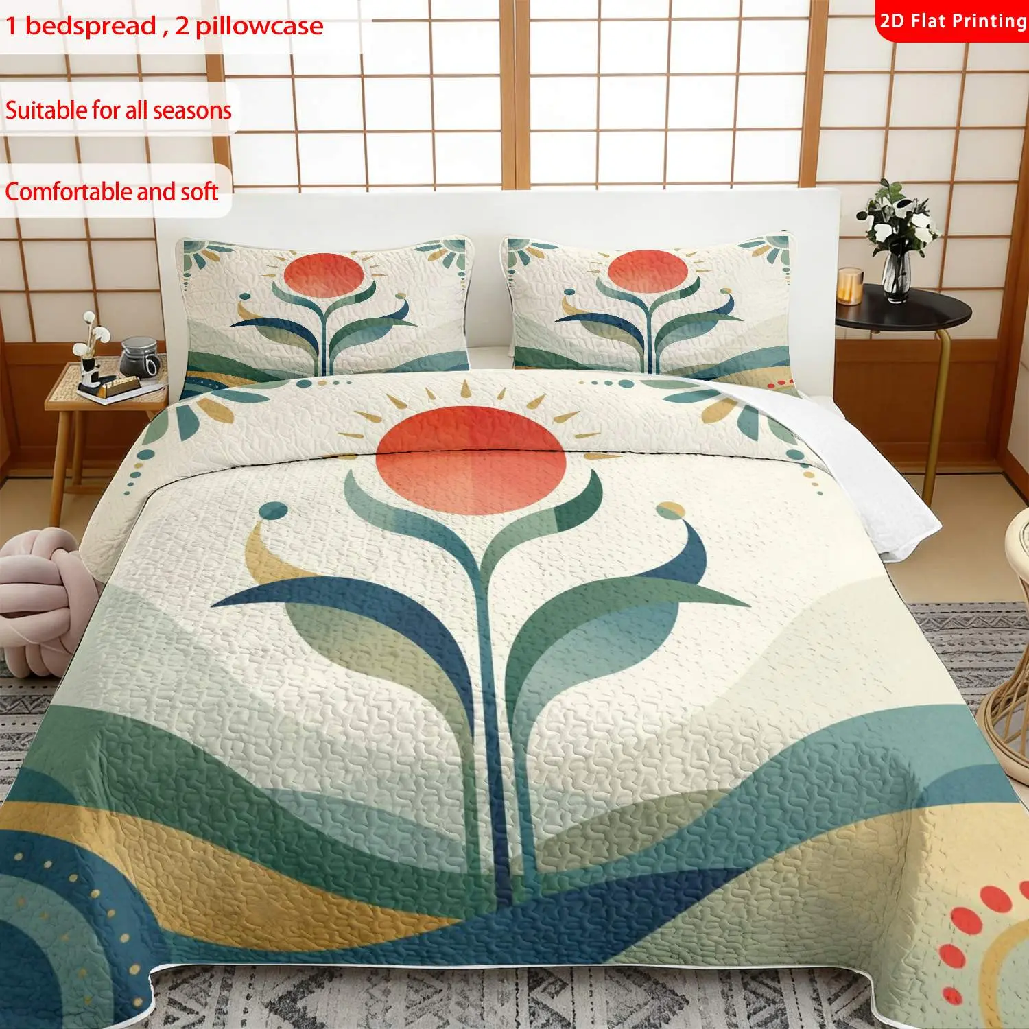 3 pcs, 2D Flat Print Sunflower & Nature Landscape Modern Art Bedspread Set, Soft and Comfortable, Multiple Sizes Available, Suitable for Gifting and Daily Use, Ideal for Creating a Cozy Home Atmosphere(1 bedspread , 2 pillowcases)