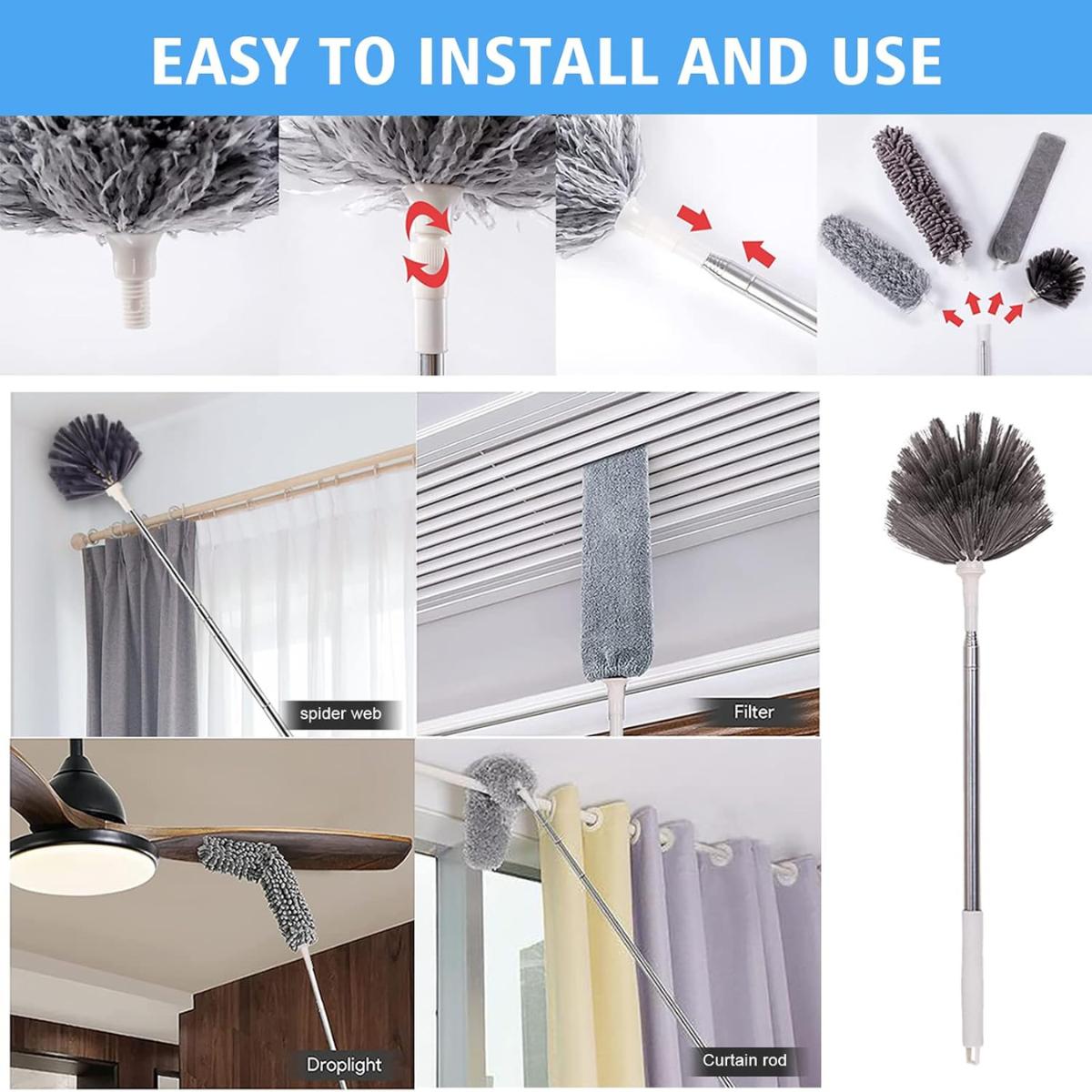 5 in 1 Microfiber Duster Kit with Extension Pole 100 Inch, Cobweb Cleaner for High Ceilings Fans Set Cleaning Extendable
