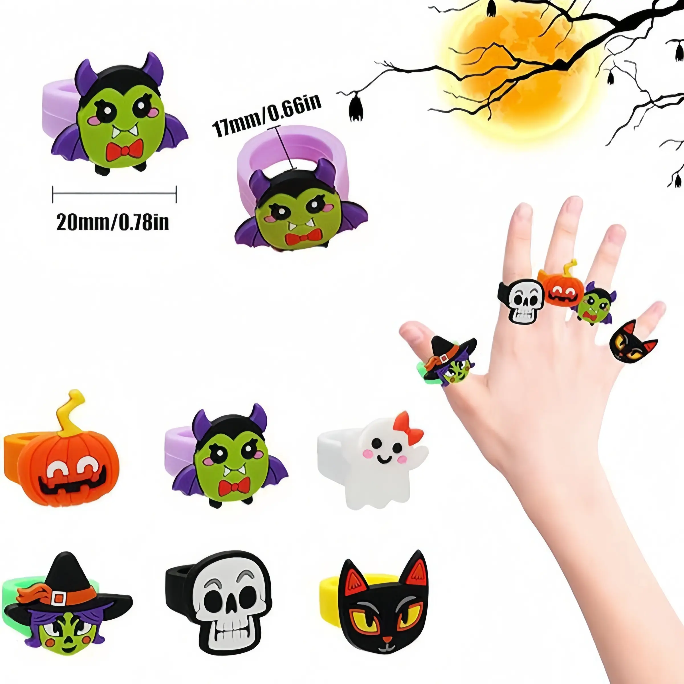 Halloween Cartoon Elastic Rings Set, 12-Piece Gift Pack, Halloween Party Favors, Ghost Festival Rubber Rings, Baby Shower Gifts