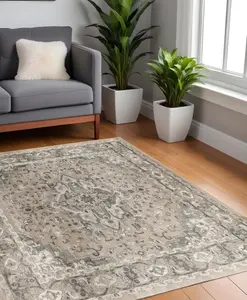 360 stand 5 ft. Beige & Gray Geometric Square Medallion Power-Loom Distressed Area Rug, Indoor Use, Living Room Decor with Distressed Look, Traditional