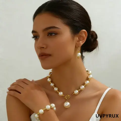 Women's 4Pcs /Set Plain Artificial Pearl Matching Jewelry Set - Hook Closure Necklace & Earrings, All Seasons Accessory for Bridal, Birthday & Tea-Party Occasions
