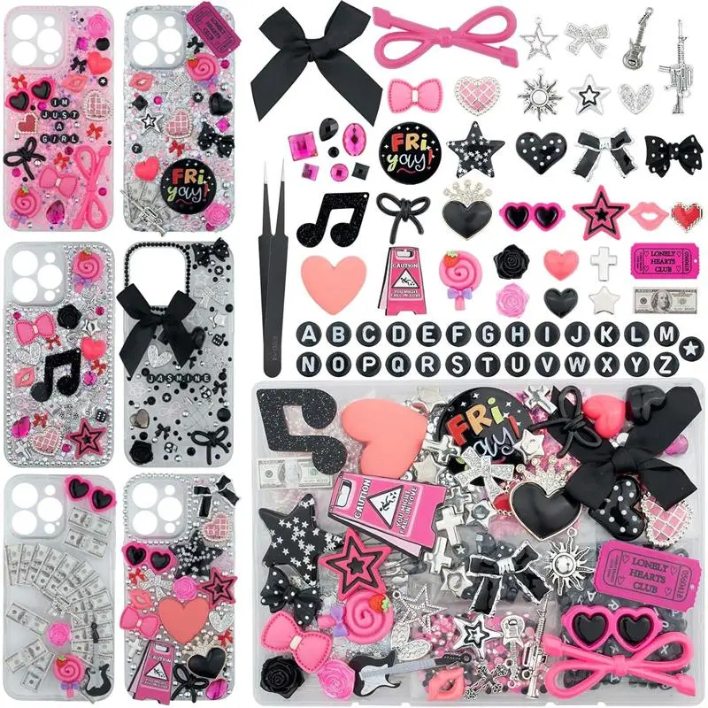 1050 Pcs Junk Phone Case Charms Kit, Charms for Customizing Cases, Kawaii Bow, Letter Beads, Nail Accessories, Flatback Pearls, Rhinestones, Cute Aesthetic Decor for Personalization