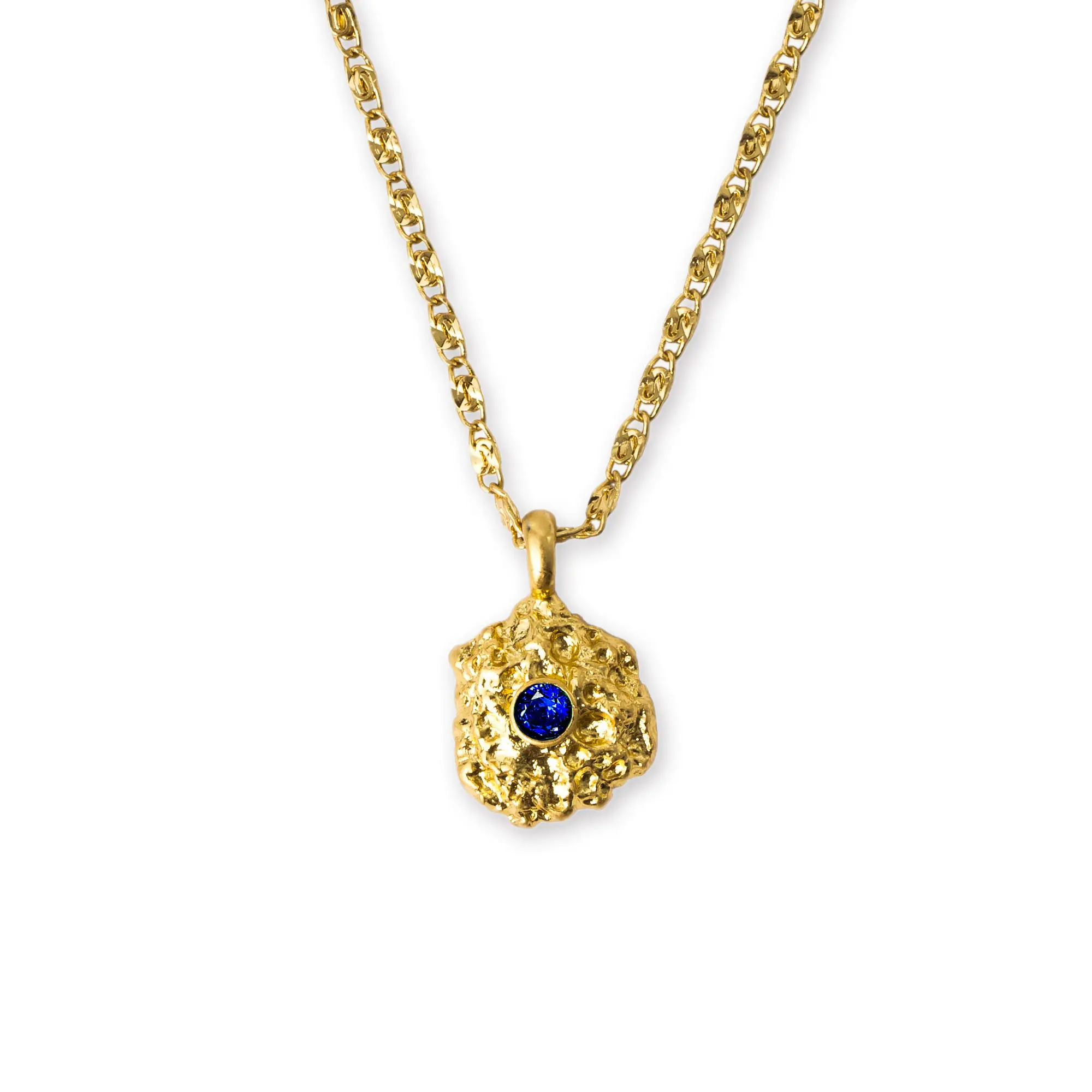 Shayla Gold Molten Royal Blue Pendant Necklace with Cubic Zirconia Stone, 50cm Chain with 6cm Extension, 18K Gold Plated Brass