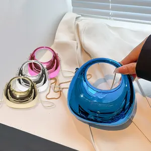 Women's Stylish Acrylic Chain Crossbody Bag Small Half Moon Clutch with Detachable Strap for Wedding and Party Events