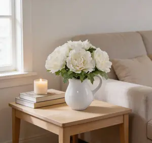 11.5" Faux Peony Arrangement in White Ceramic Pitcher