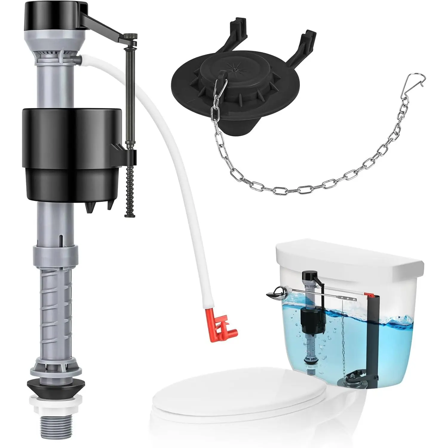 1-Piece Universal Toilet Flush Replacement Fill Valve Kit - Water-Saving Height-Adjustable Fill Valve, 2in Silent Anti-Siphon Flap, Easy-to-Install Plumbing Tank Repair Kit for All Seasons Toilet Tank Systems