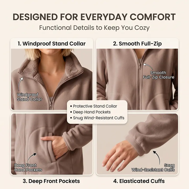 【JOGWAVE】Women’s loose, close-fitting fleece zip jacket, casual warm stand-collar outerwear with deep pockets, suitable for autumn and winter