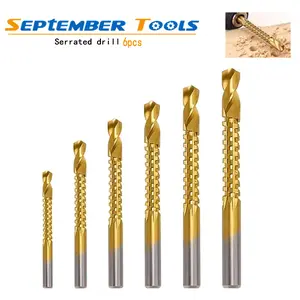 6 Pack Titanium Coated HSS Twist Drill Bits, 3-8mm Serrated Side Cutting Drill Bit for Woodworking Tools