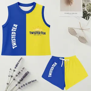 Twisted Tea Women’s Crop Top and Sport Shorts Set, Blue Yellow Colorblock Summer Activewear Outfit, Gift for Her