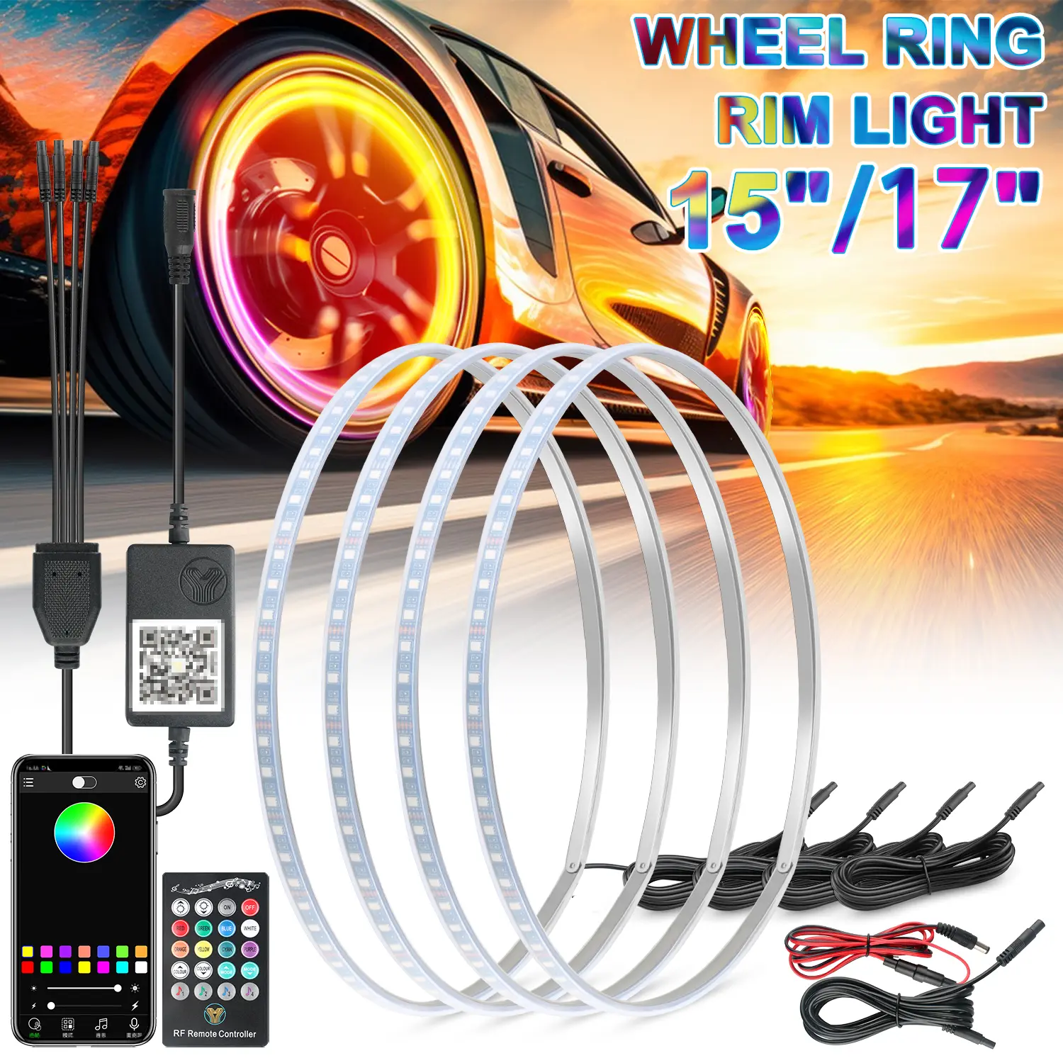 4PCS RGB LED Wheel Rim Lights, IP67 Waterproof 72SMD 5050 Tire Ring Light with Bluetooth APP RF Remote for Truck SUV Pickup