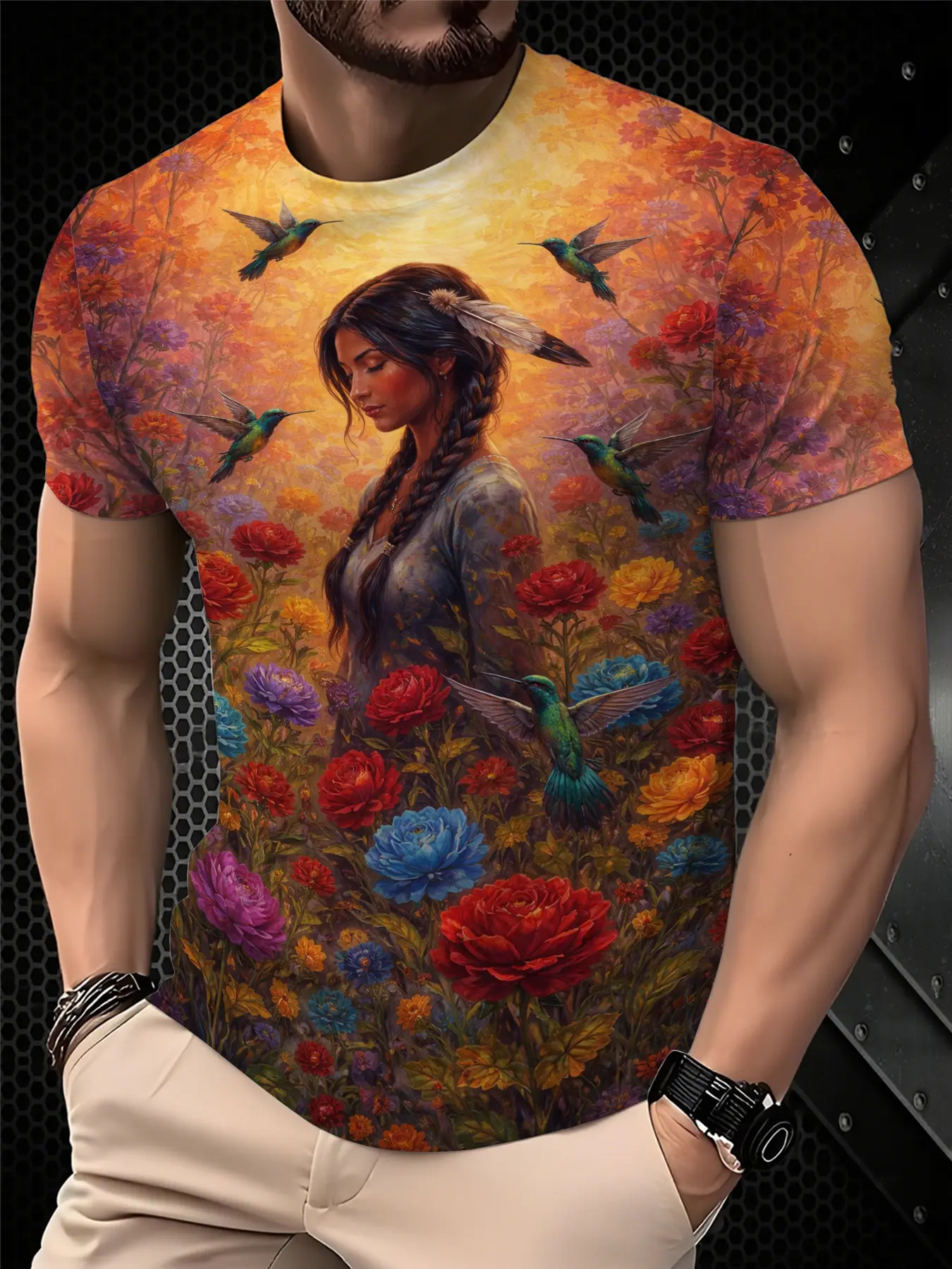 Men's Printed Tropical T-Shirt - Black/Gradient Multi-color Trendy Top, Menswear Streetwear Round-neck Short-Sleeved T-shirt, suitable for daily wear, casual gatherings, fashionable gradient style, machine washable