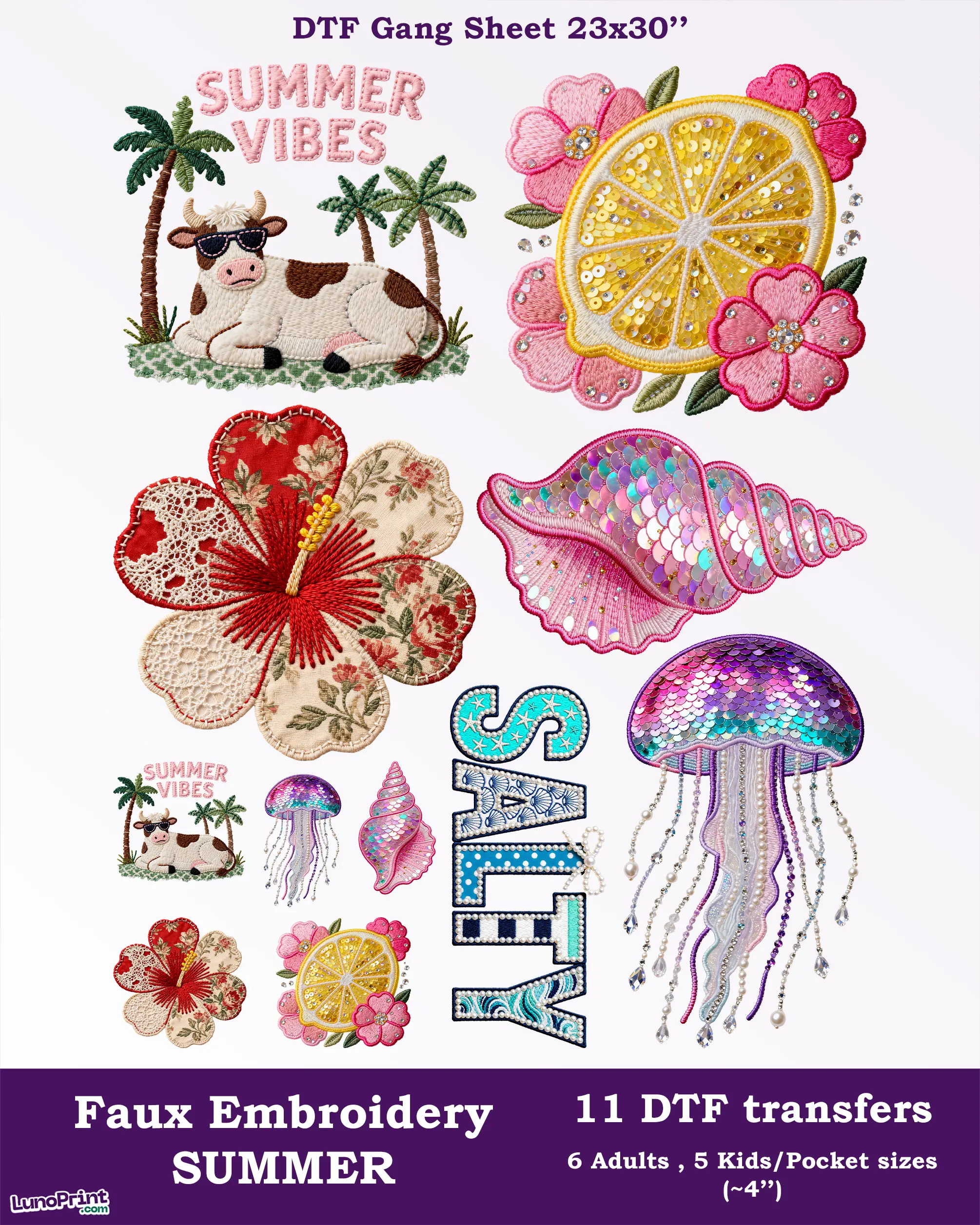 Faux Embroidery Summer DTF Gang Sheet Crafts Fabric