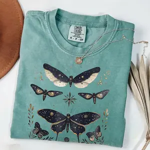 Comfort Colors Vintage Luna Moth Tshirt, Retro Wildflower Celestial Cottagecore T-shirt, Mystical Moon Phase Top, Witchy Cute Boho Flower Tee, Gift