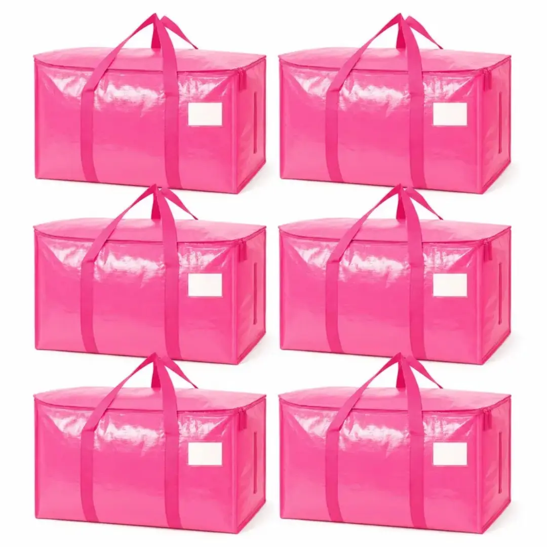 6 Pack Oversized Clear & Hot Pink Moving Bags Heavy Duty Waterproof Foldable Space Saving Packing Totes Alternative to Cardboard Moving Box for Renters & College Girls College Dorm Move-In House Relocation Wardrobe Closet Organization Blanket & Comforter