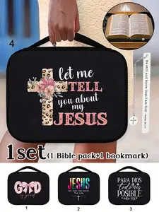 Stainless Steel Bible Bag with Cross Chain Bookmark, Letter Pattern, Zipper Pocket Organizer, Ideal for Adult Bible Study, Women & Men Storage Organiser
