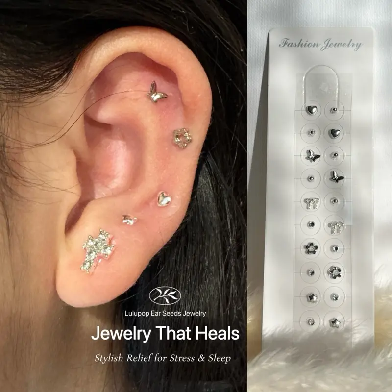 Lulupop Ear Seeds Jewelry – Non-Piercing Magnetic Ear Seeds with Silver Heart, Butterfly, Flower & Star | Auricular Point Stickers for Relaxation & Minimalist Style Ear seeding patches earrings