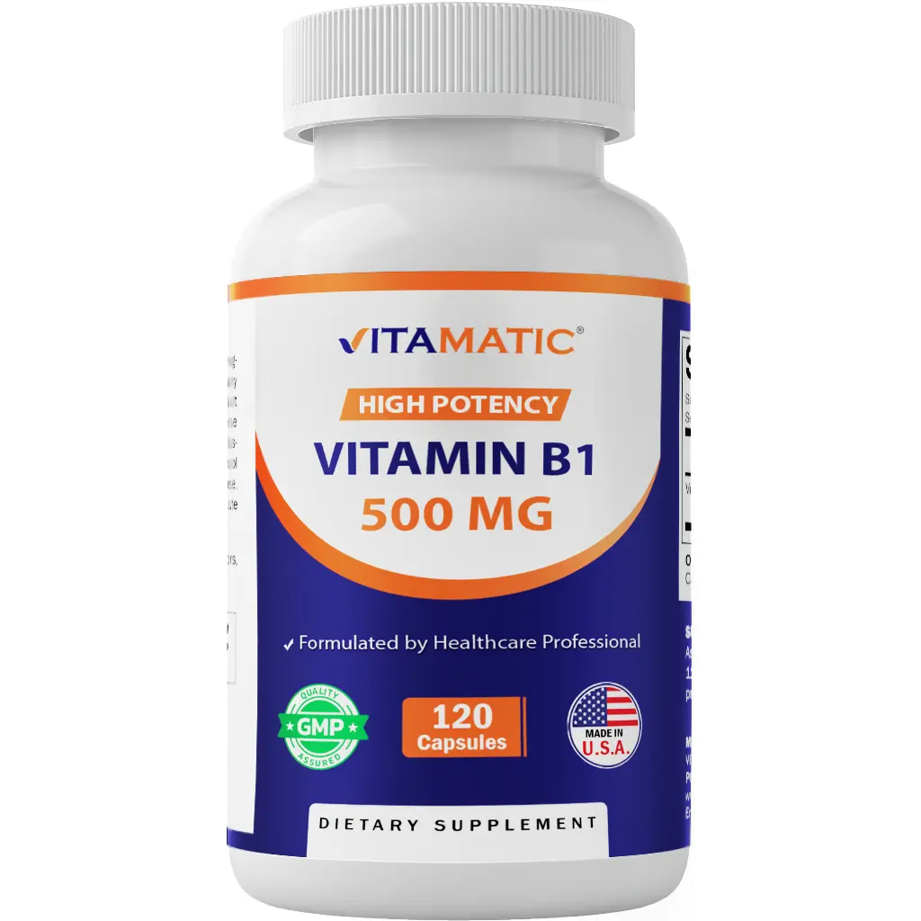 Vitamatic Thiamine Mononitrate (Vitamin B1) 500 mg Dietary Supplement Capsules, 120 Count - Magnesium-Free, Supports Energy Levels, Fitness, Brain Health