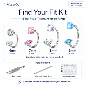 TiVowX Find Your Fit Kit | 4PCS ASTM F136 Titanium Horseshoe Nose Rings | 18G/20G, 6-9mm | Internally Threaded CZ Gems, Tools Included